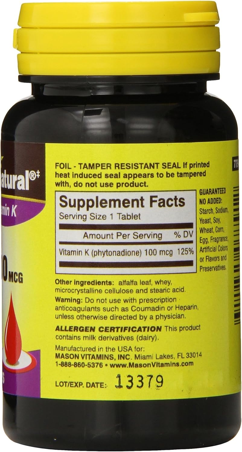 Mason Natural Vitamin K Tablets - 100mcg, 100 Count Bottle