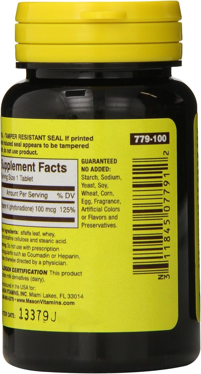 Mason Natural Vitamin K Tablets - 100mcg, 100 Count Bottle
