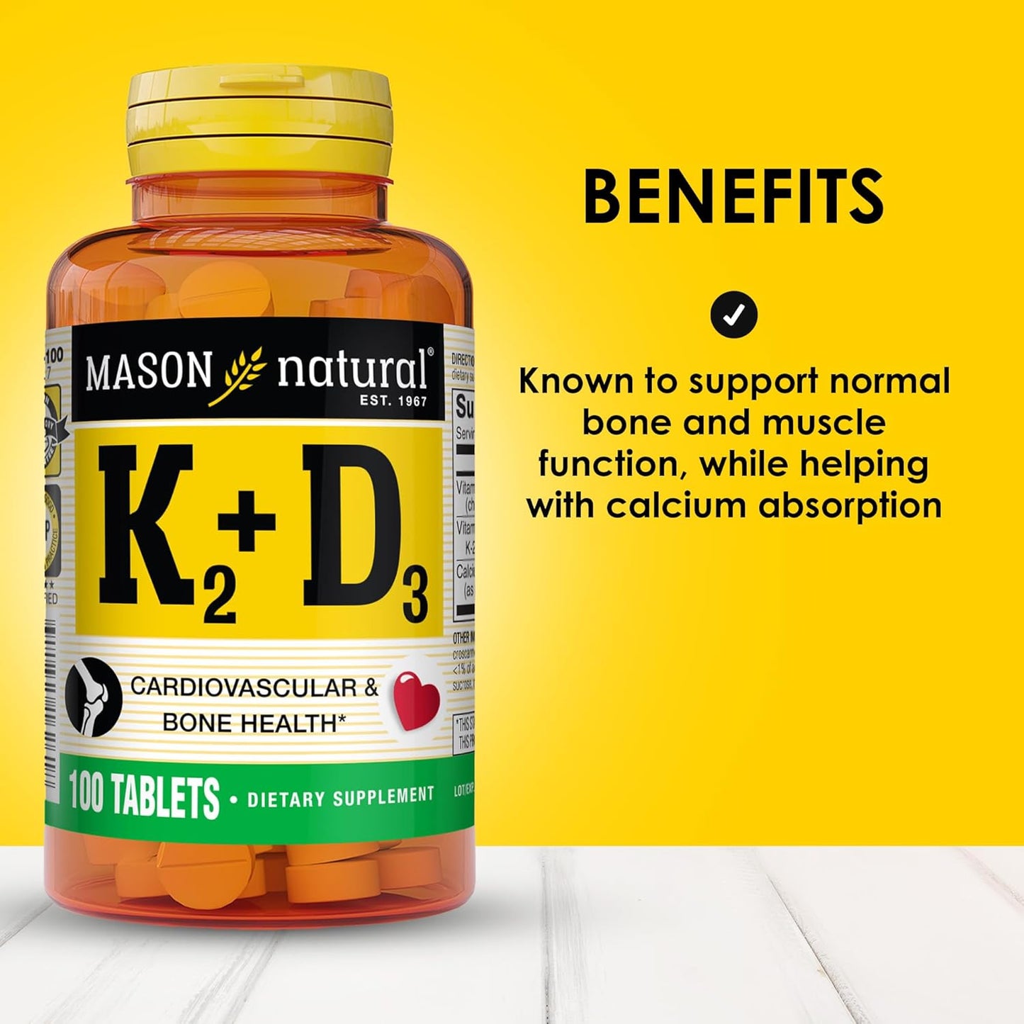 MASON NATURAL Vitamin K2 + D3 with Calcium for Bone and Muscle Support - 300-Day Supply, 100 Tablets x 3 Pack