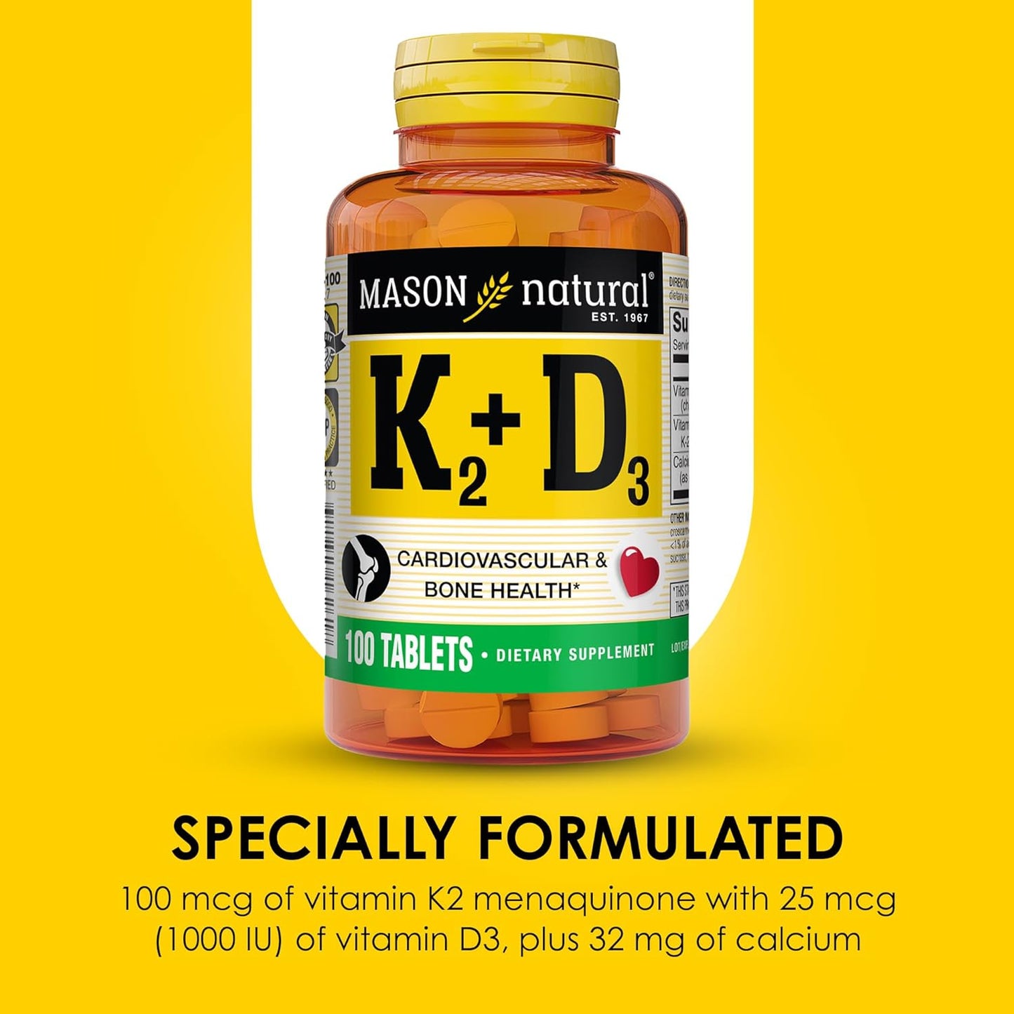 MASON NATURAL Vitamin K2 + D3 with Calcium for Bone and Muscle Support - 300-Day Supply, 100 Tablets x 3 Pack