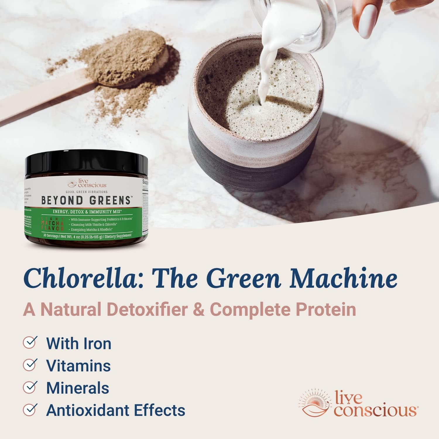 Matcha Flavored Superfood Powder with Chlorella, Echinacea, and Probiotics for Immune Support and Energy - 60 Servings