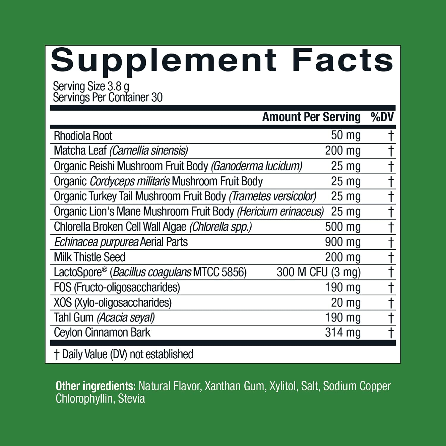 Matcha Flavored Superfood Powder with Chlorella, Echinacea, and Probiotics for Immune Support and Energy - 60 Servings