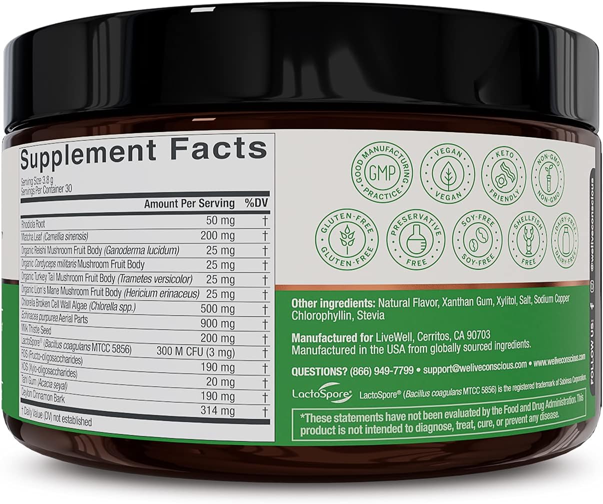 Matcha Flavored Superfood Powder with Chlorella, Echinacea, and Probiotics for Immune Support and Energy - 60 Servings