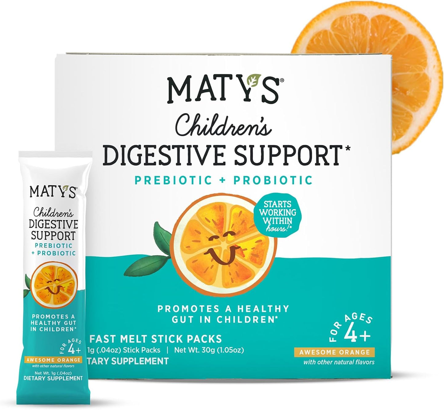 Matys Kids Prebiotic & Probiotic Powder Packs, Awesome Orange Flavor, 30 Single Serve Packets, Ages 4+, Gluten Free - BoostGo Australia