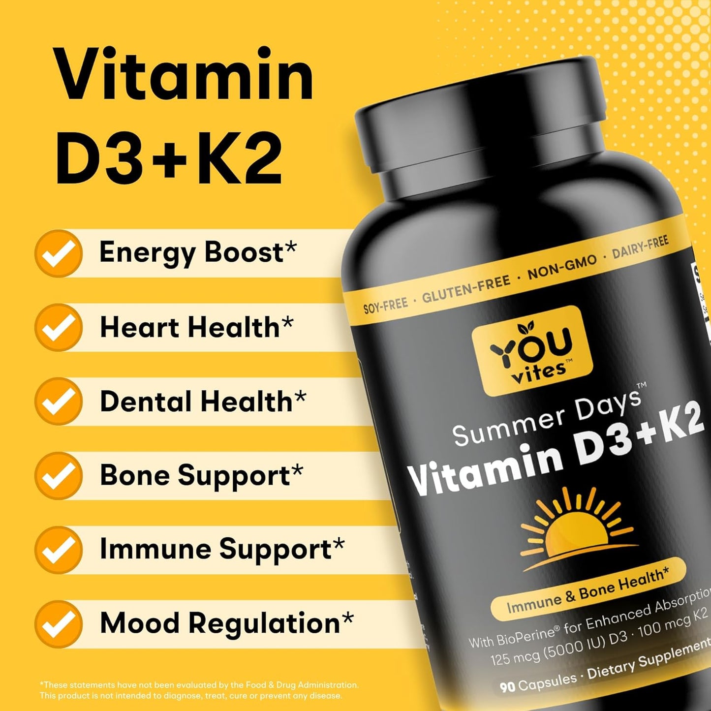 Max Absorption Vitamin D3 K2 Supplement with BioPerine for Immune, Bone & Heart Health - 5000 IU D3 + K2 MK7 100 mcg - Non-GMO - 90 Capsules
