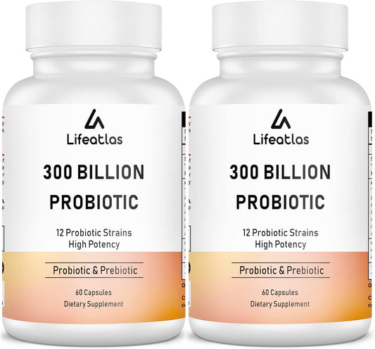 Max Potent Lifeatlas Probiotics: 300 Billion CFU for Men and Women, 12 Strains + Prebiotic, Digestive & Gut Health, Immune Support - 120 Capsules