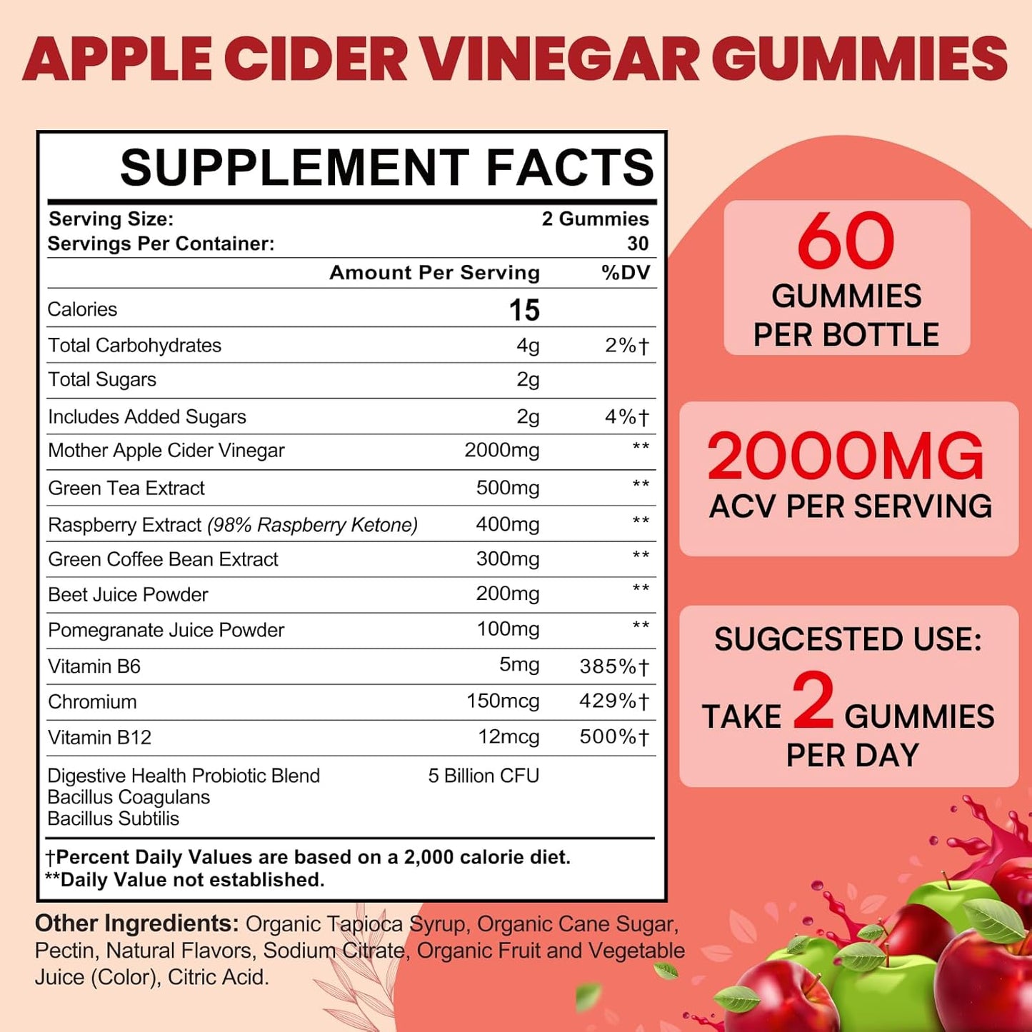 Max Strength 2000mg Mother Apple Cider Vinegar Gummies - Detox & Cleanse, Fast-Acting Keto ACV Gummies with Green Tea, Probiotics B6 - 6 Pack