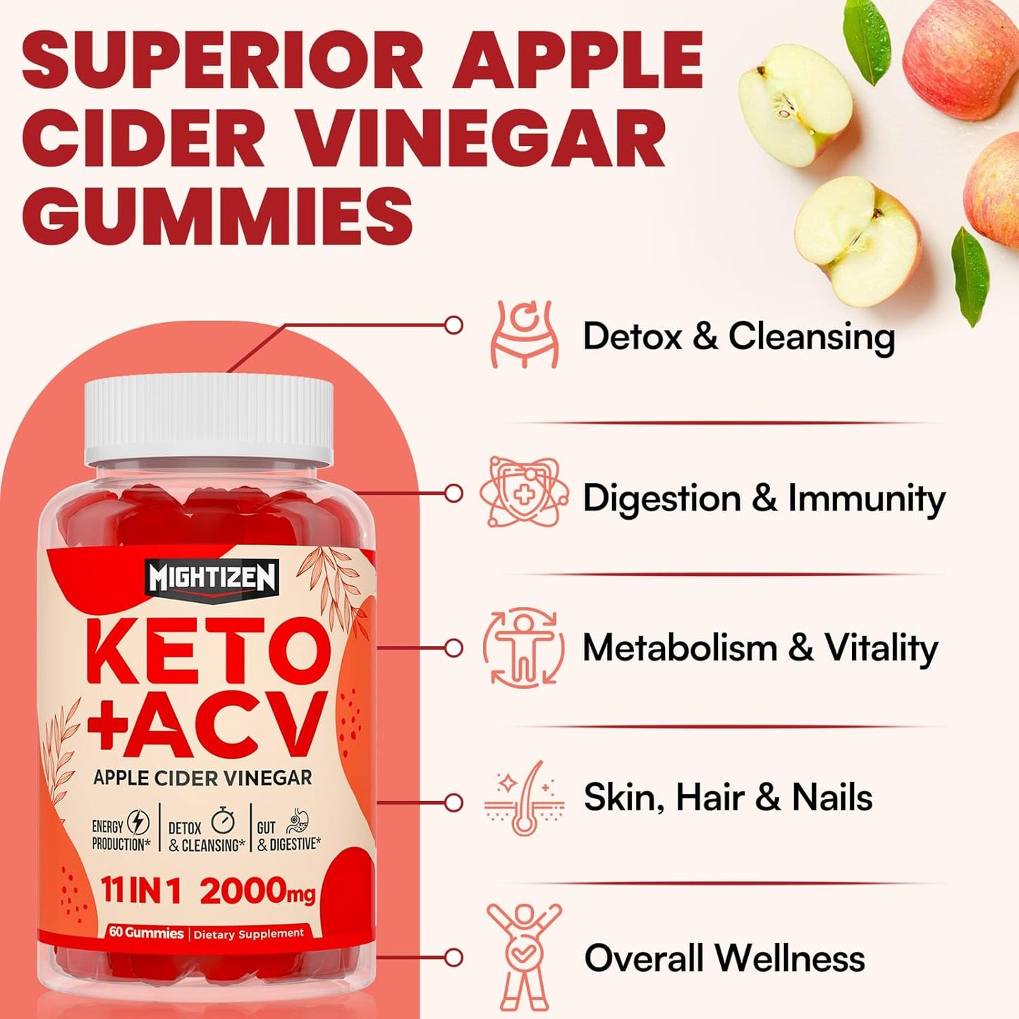 Max Strength 2000mg Mother Apple Cider Vinegar Gummies - Detox & Cleanse, Fast-Acting Keto ACV Gummies with Green Tea, Probiotics B6 - 6 Pack