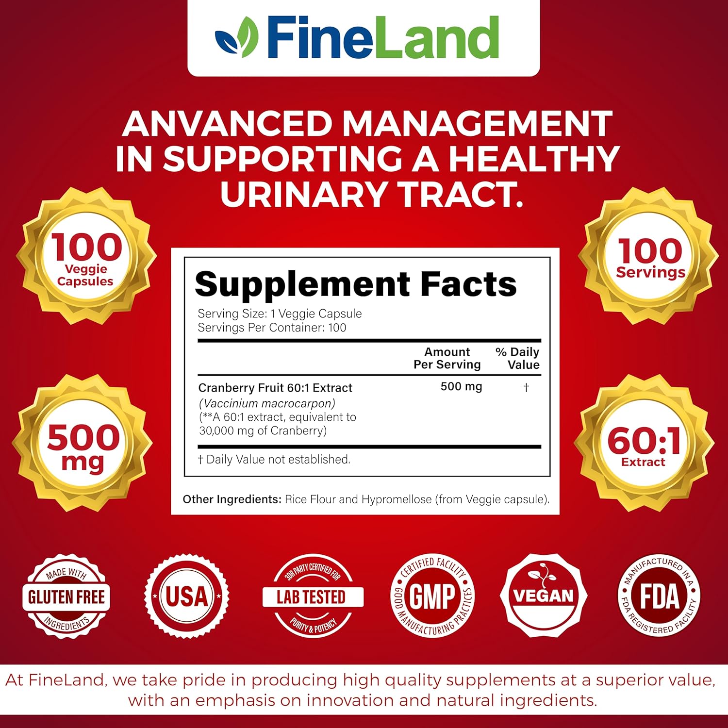 Max Strength 30,000 mg Cranberry Extract Capsules - 100 Veggie Caps, 3 Months Supply - 100% Vegan & All-Natural - FineLand