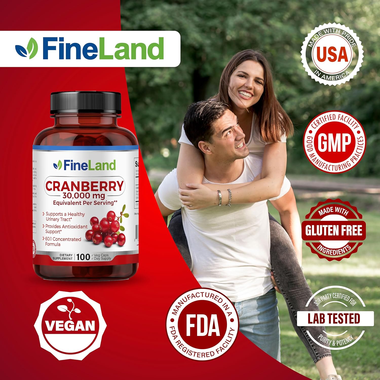 Max Strength 30,000 mg Cranberry Extract Capsules - 100 Veggie Caps, 3 Months Supply - 100% Vegan & All-Natural - FineLand
