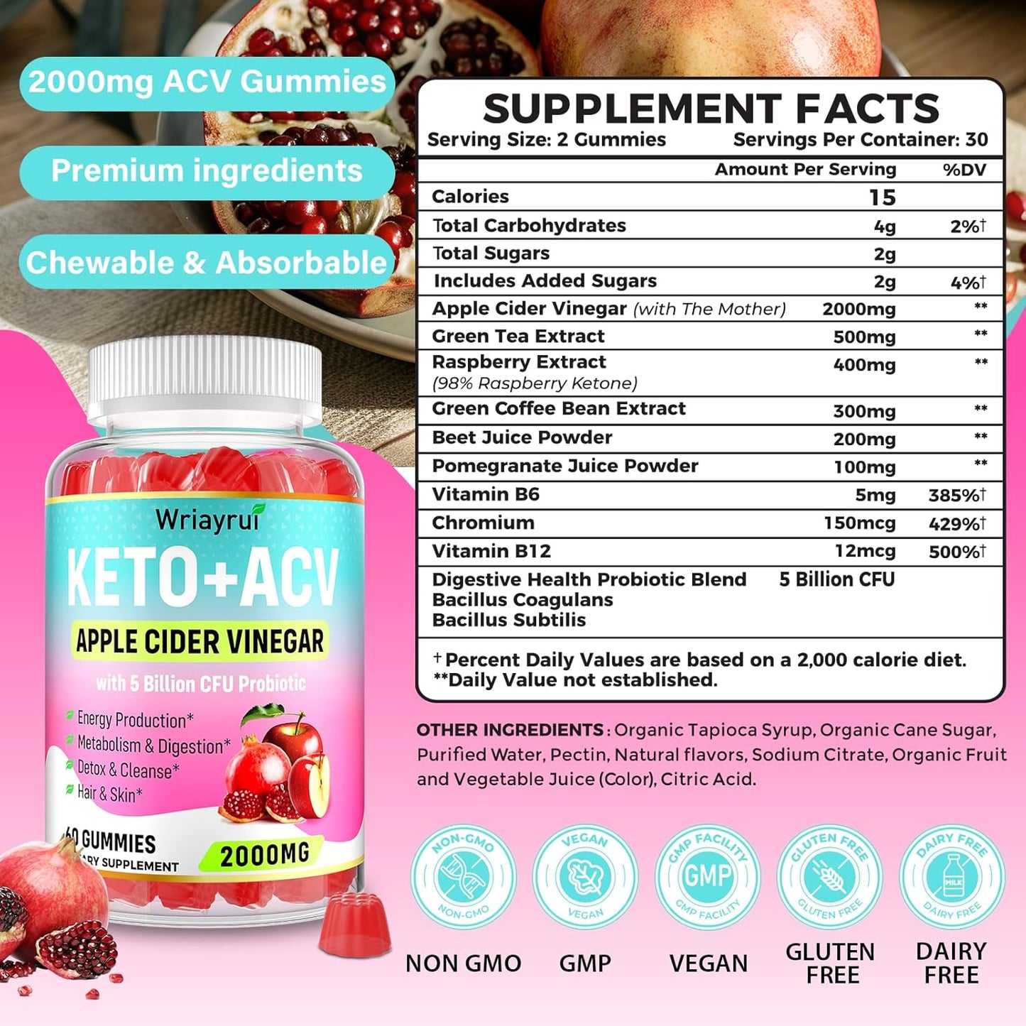 Max Strength Apple Cider Vinegar Gummies with Green Tea, B6, B12 & Probiotics - 2000mg ACV Gummies for Metabolism, Digestion, Detox - 720 Gummies