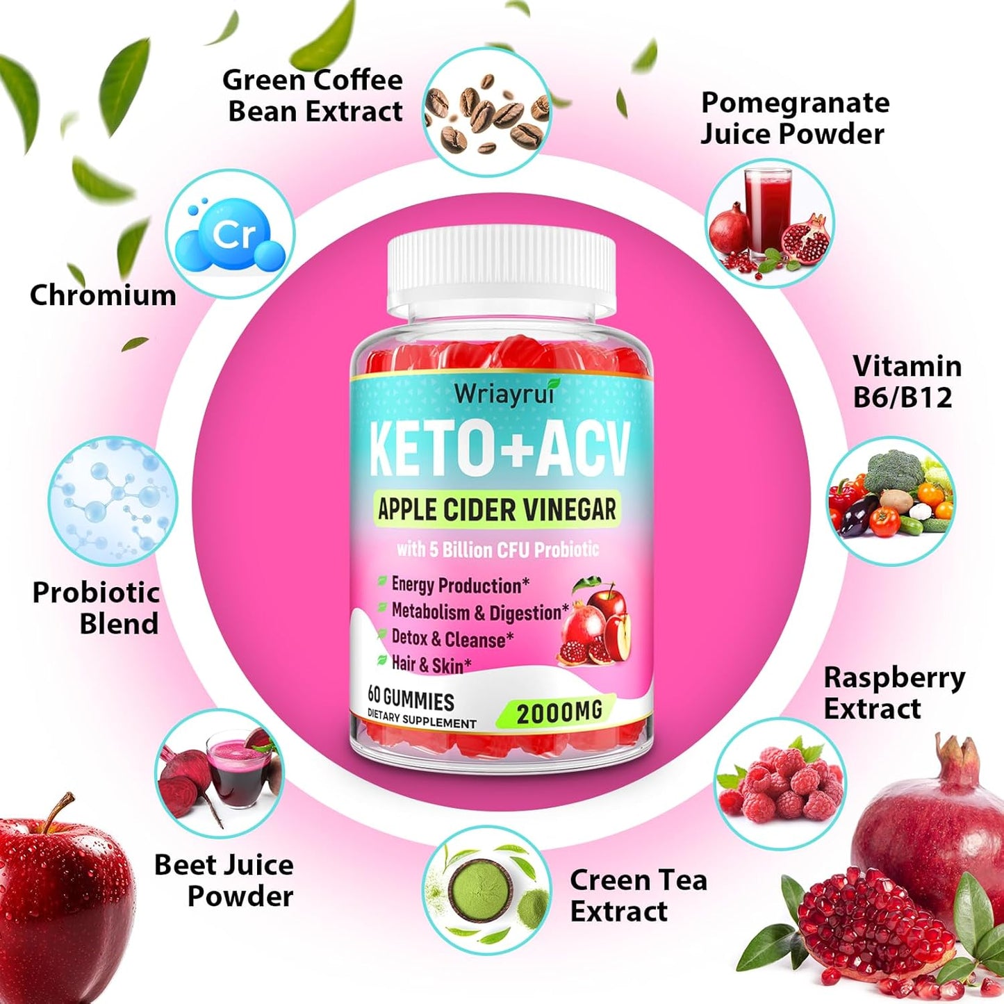 Max Strength Apple Cider Vinegar Gummies with Green Tea, B6, B12 & Probiotics - 2000mg ACV Gummies for Metabolism, Digestion, Detox - 720 Gummies