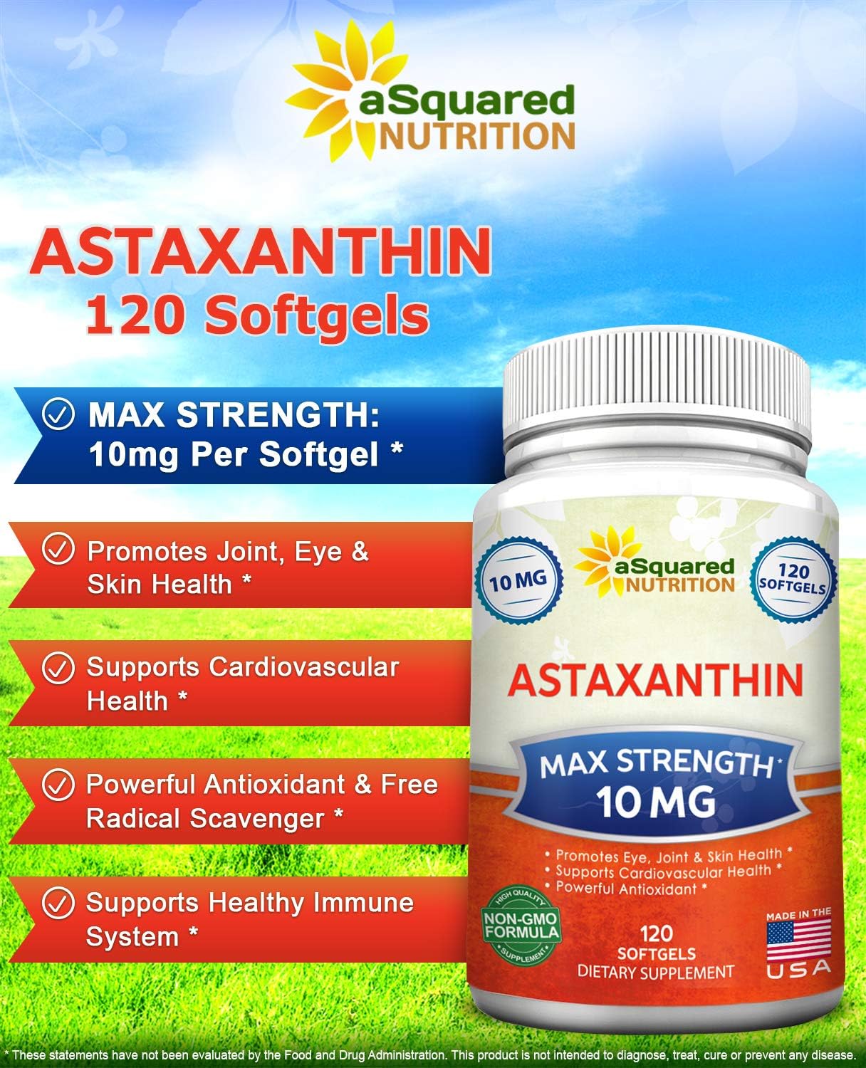Max Strength Astaxanthin Supplement - 10mg Natural Pills for Pure Energy - 120 Softgels from Haematococcus Pluvialis