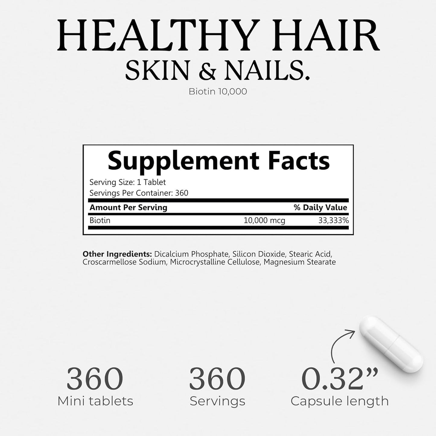Max Strength Biotin Supplement for Hair, Skin, and Nails - 10000mcg, Non-GMO, Kosher - Hair Growth Vitamins for Women & Men - 360 Mini Tablets