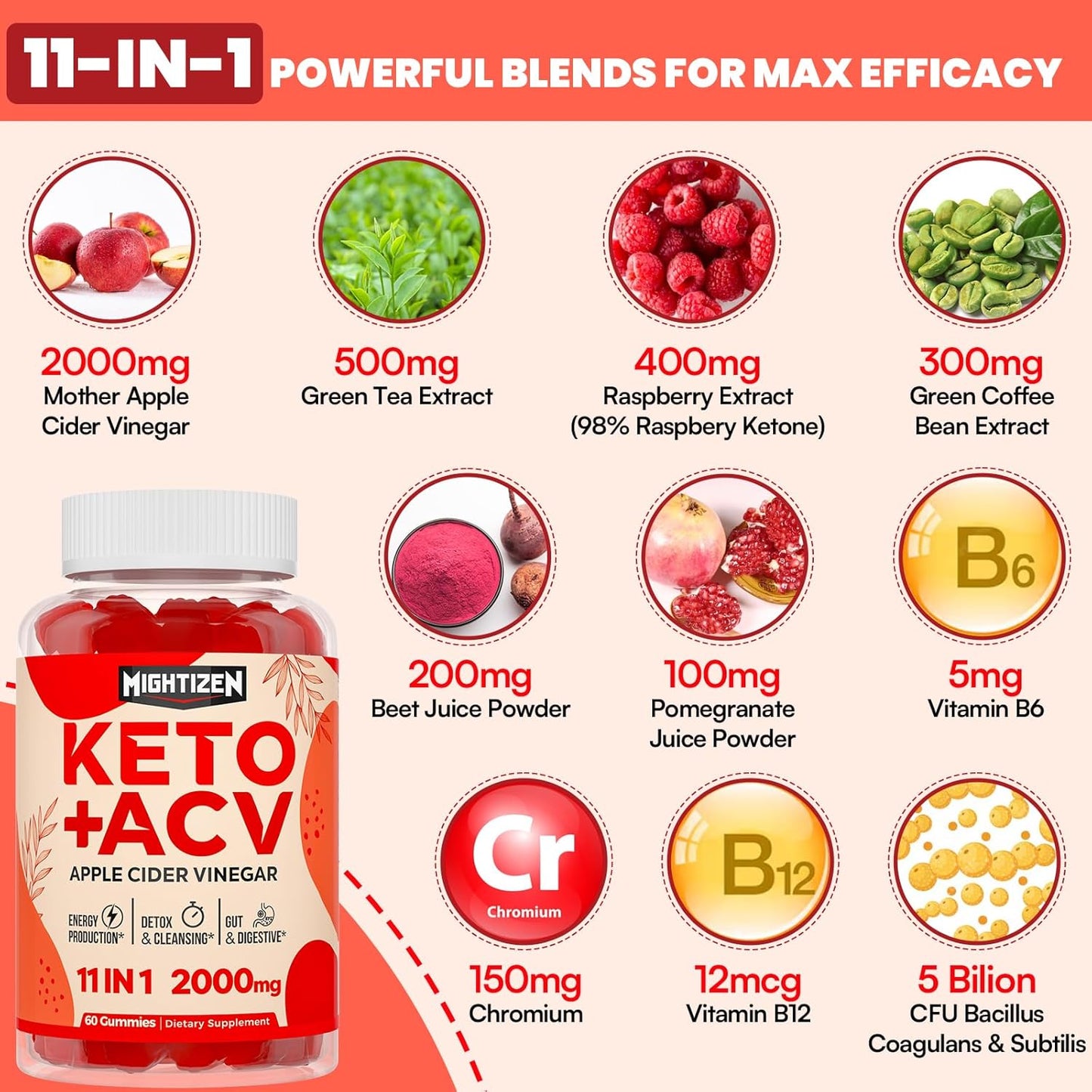 Max Strength Keto Apple Cider Vinegar Gummies with Green Tea, Probiotics, B12 & B6 - Vegan, Non-GMO, Keto Support - 10 Packs