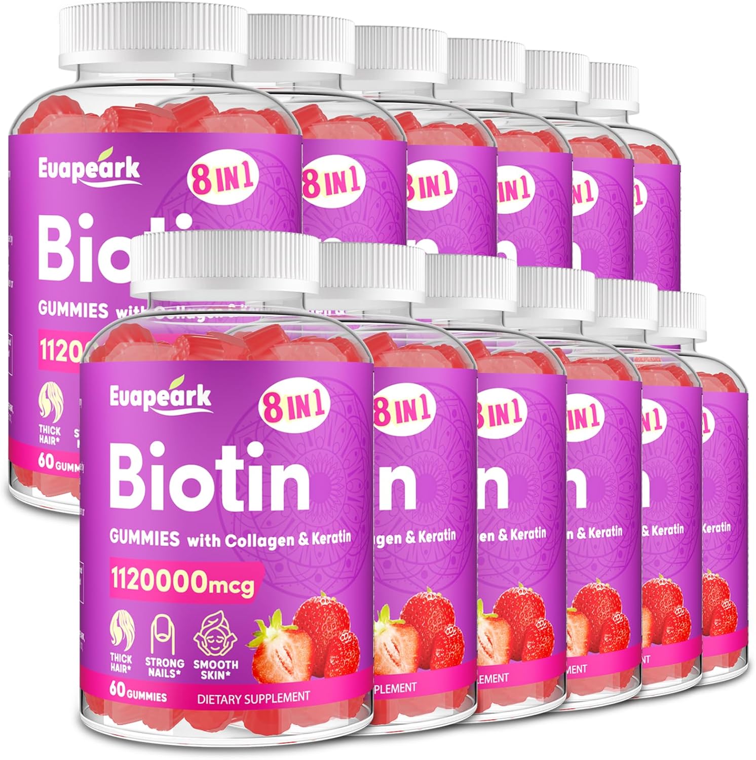 Max Strength Organic Biotin Gummies with Collagen, Keratin, Folic Acid & Vitamins - Hair, Skin, Nails Supplement for Women and Men - Sugar Free - 12 Packs