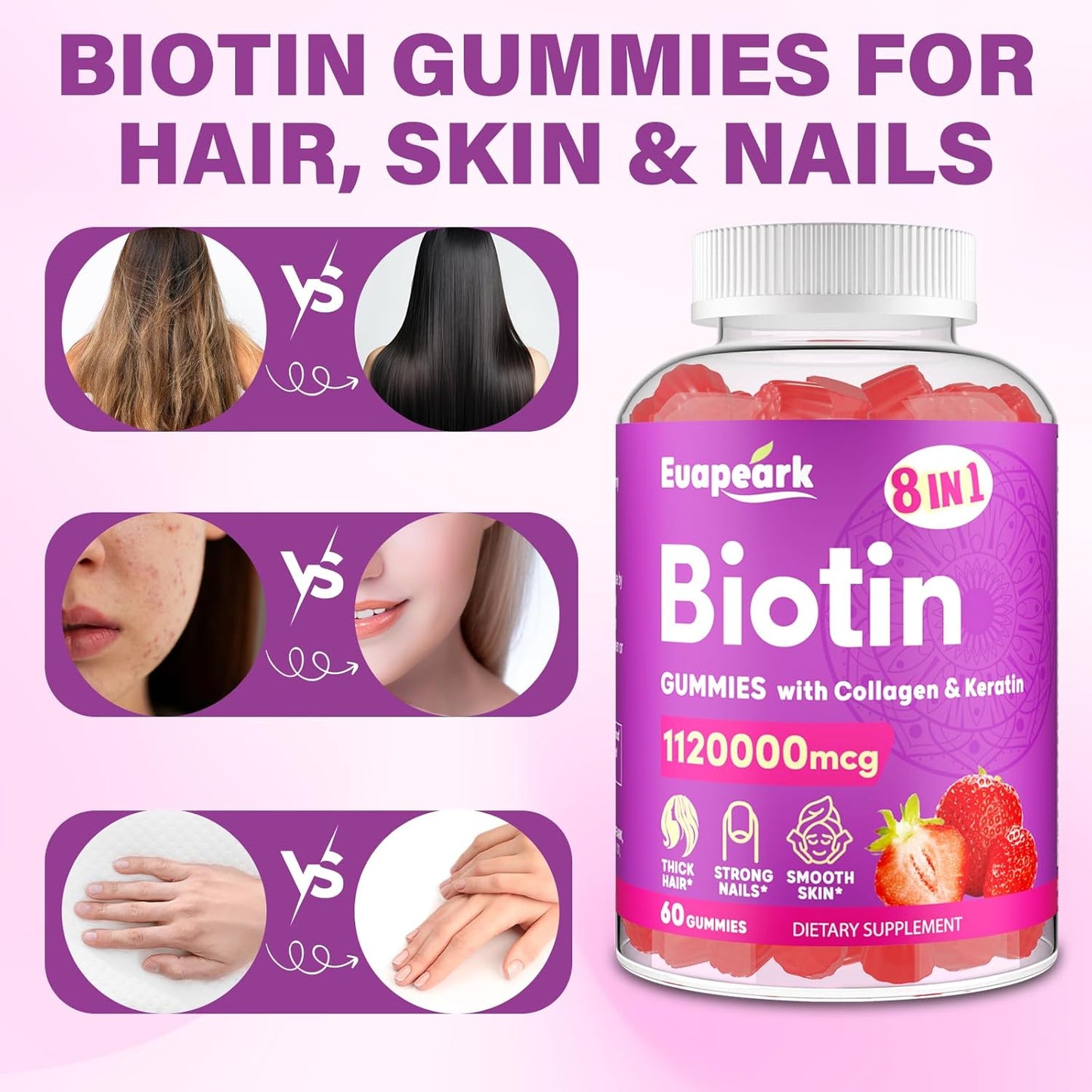Max Strength Organic Biotin Gummies with Collagen, Keratin, Folic Acid & Vitamins - Hair, Skin, Nails Supplement for Women and Men - Sugar Free - 12 Packs