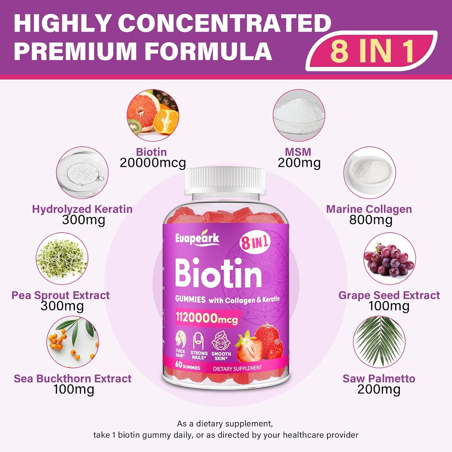 Max Strength Organic Biotin Gummies with Collagen, Keratin, Folic Acid & Vitamins - Hair, Skin, Nails Supplement for Women and Men - Sugar Free - 12 Packs