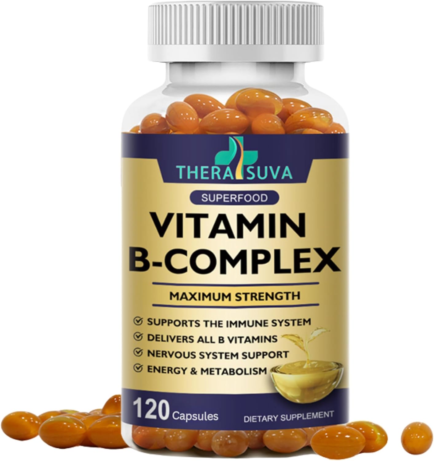 Max Strength TheraSuva Vitamin B-Complex, CoQ10, and Vitamin C Supplement - Energy & Metabolism Support - 120 Softgels