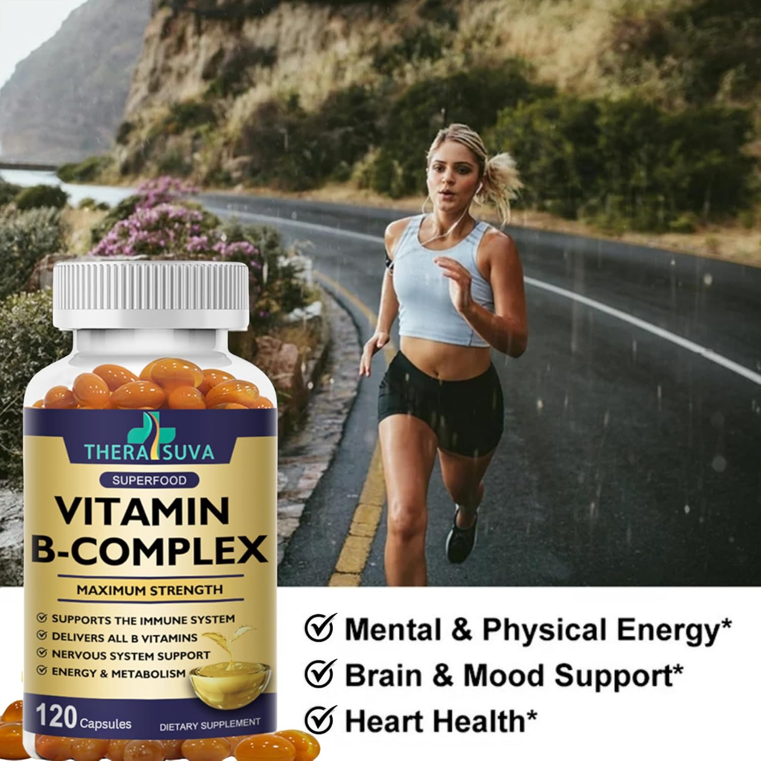 Max Strength TheraSuva Vitamin B-Complex, CoQ10, and Vitamin C Supplement - Energy & Metabolism Support - 120 Softgels