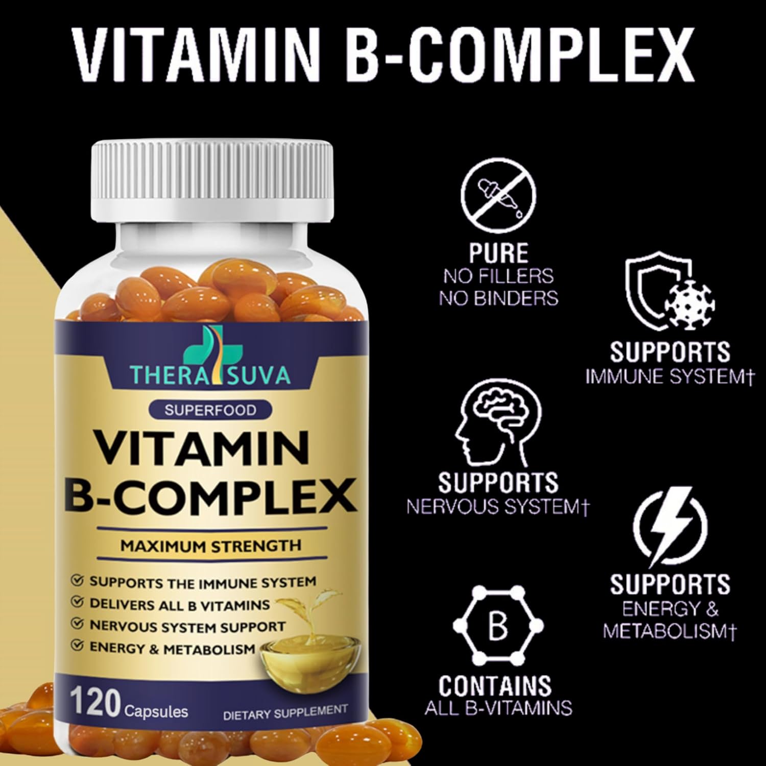 Max Strength TheraSuva Vitamin B-Complex, CoQ10, and Vitamin C Supplement - Energy & Metabolism Support - 120 Softgels