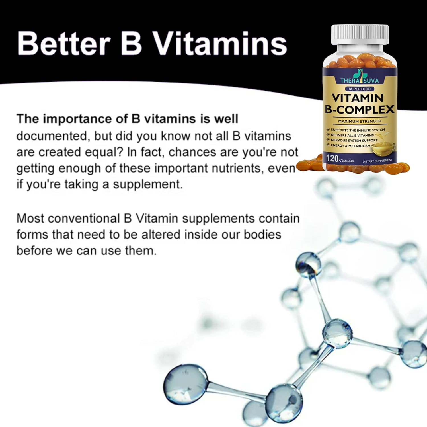 Max Strength TheraSuva Vitamin B-Complex, CoQ10, and Vitamin C Supplement - Energy & Metabolism Support - 120 Softgels