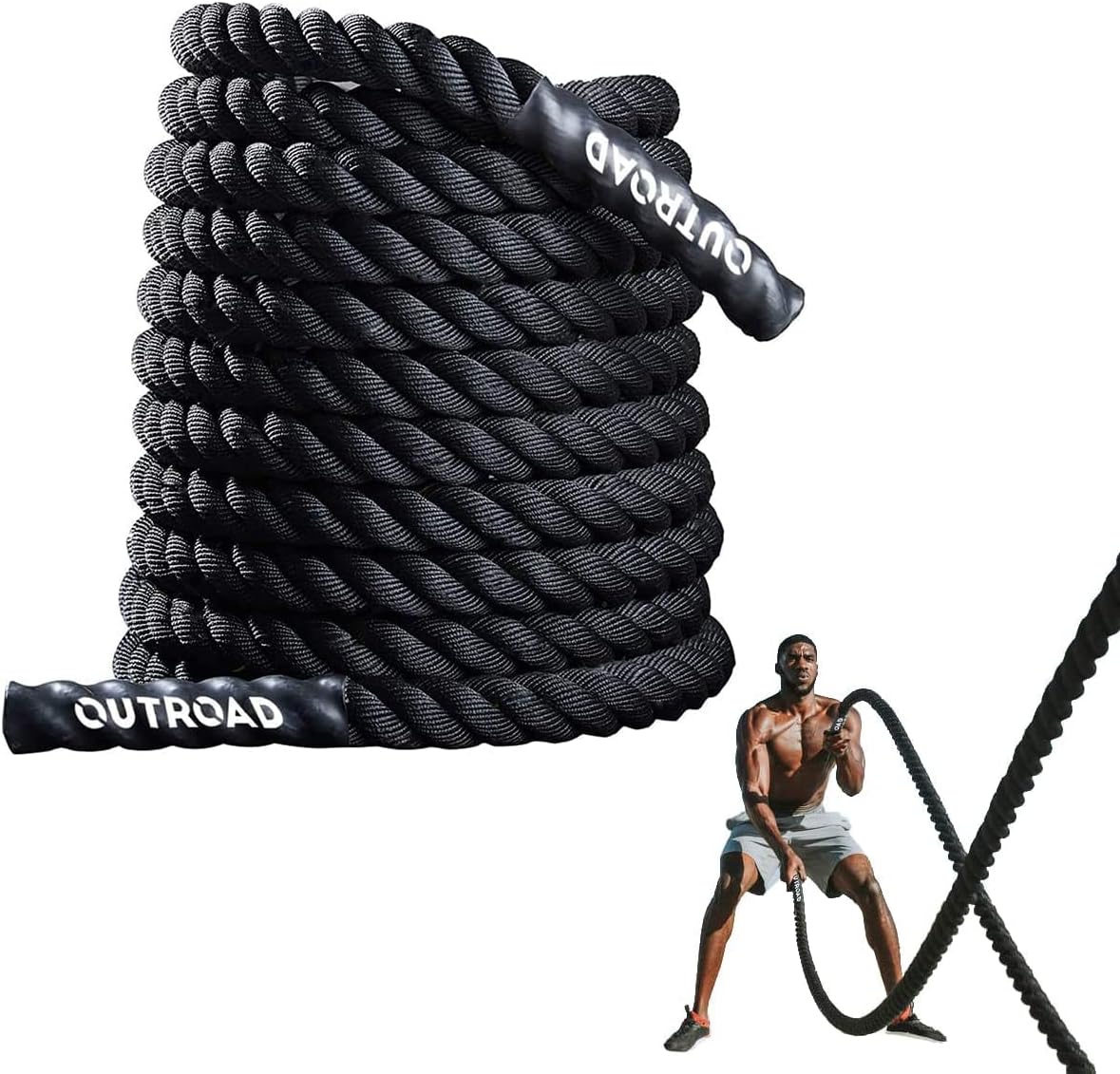 Max4out 30 ft 1.5 Inch Polyester Battle Rope for Home Body Workouts - Heavy Duty Black Workout Rope for Muscle Building