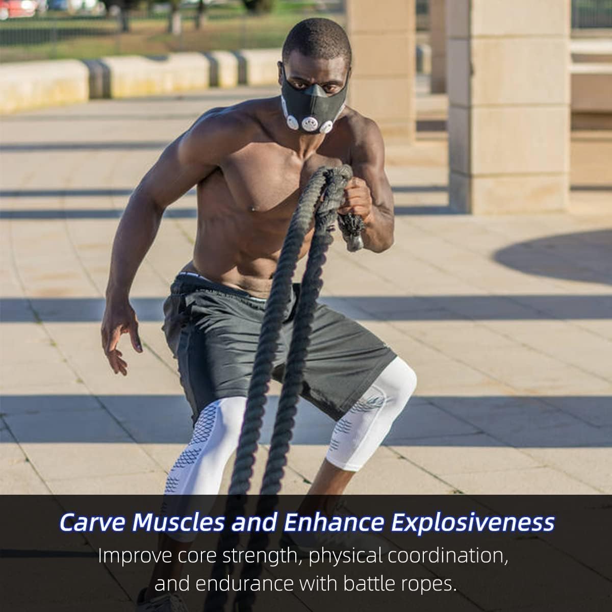 Max4out 30 ft 1.5 Inch Polyester Battle Rope for Home Body Workouts - Heavy Duty Black Workout Rope for Muscle Building