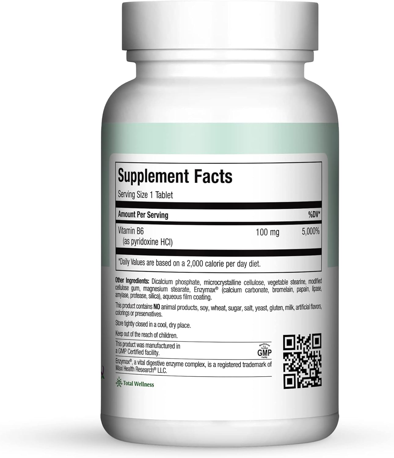 Maxi Health B-6 100 mg Vitamin B6 Tablets for Cardiovascular Health - Kosher (100 Count)