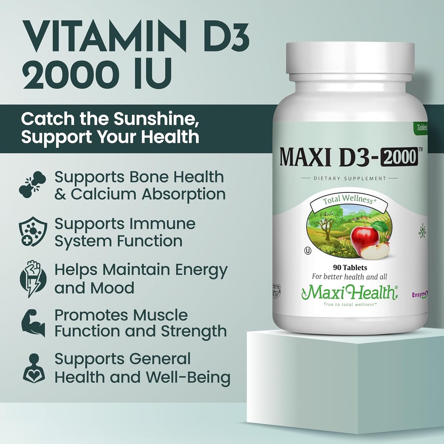 Maxi Health Kosher Vitamin D3 2000IU for Strong Immune System, Strong Teeth & Bones - 90 Tablets