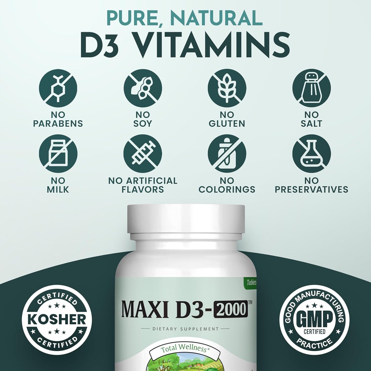 Maxi Health Kosher Vitamin D3 2000IU for Strong Immune System, Strong Teeth & Bones - 90 Tablets