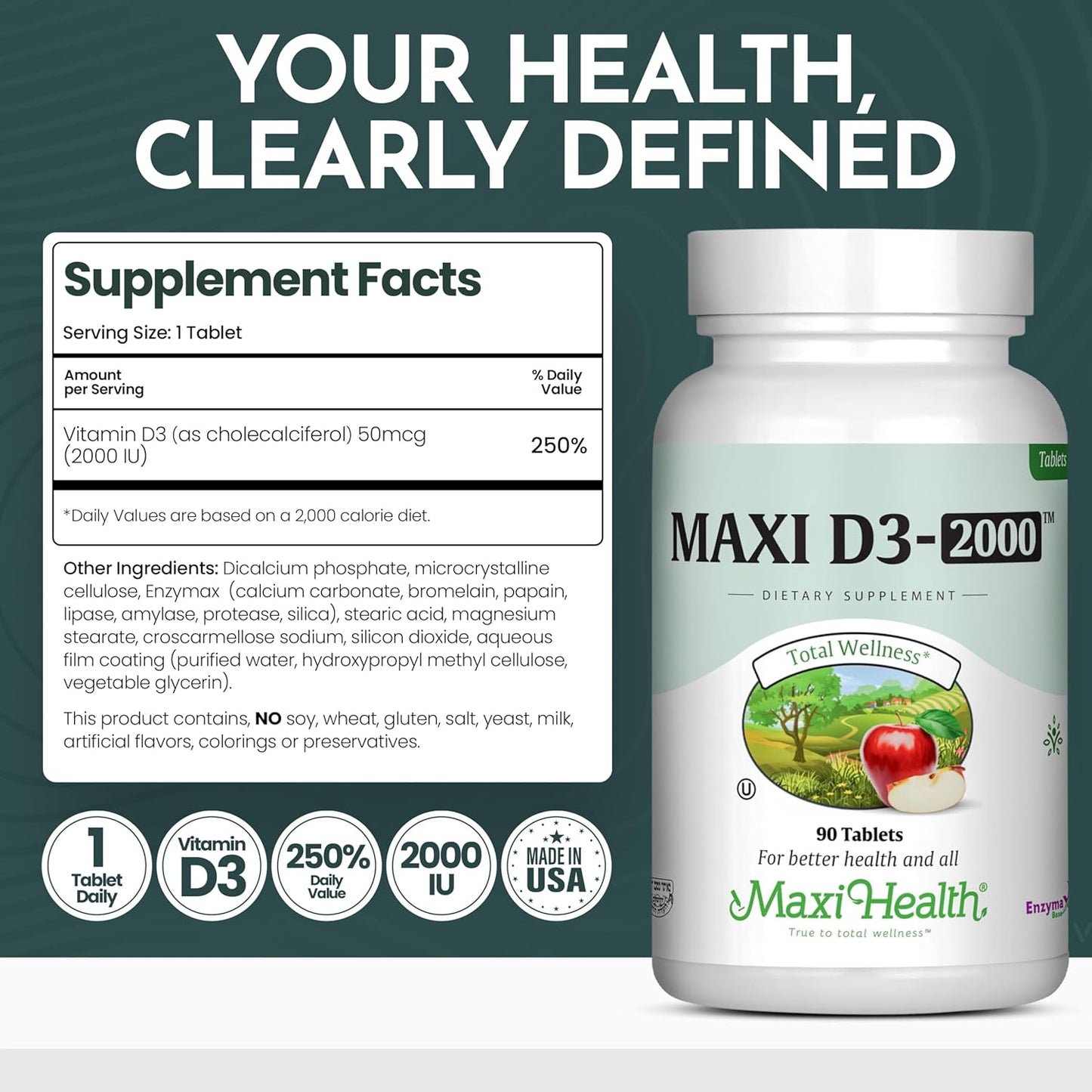 Maxi Health Kosher Vitamin D3 2000IU for Strong Immune System, Strong Teeth & Bones - 90 Tablets