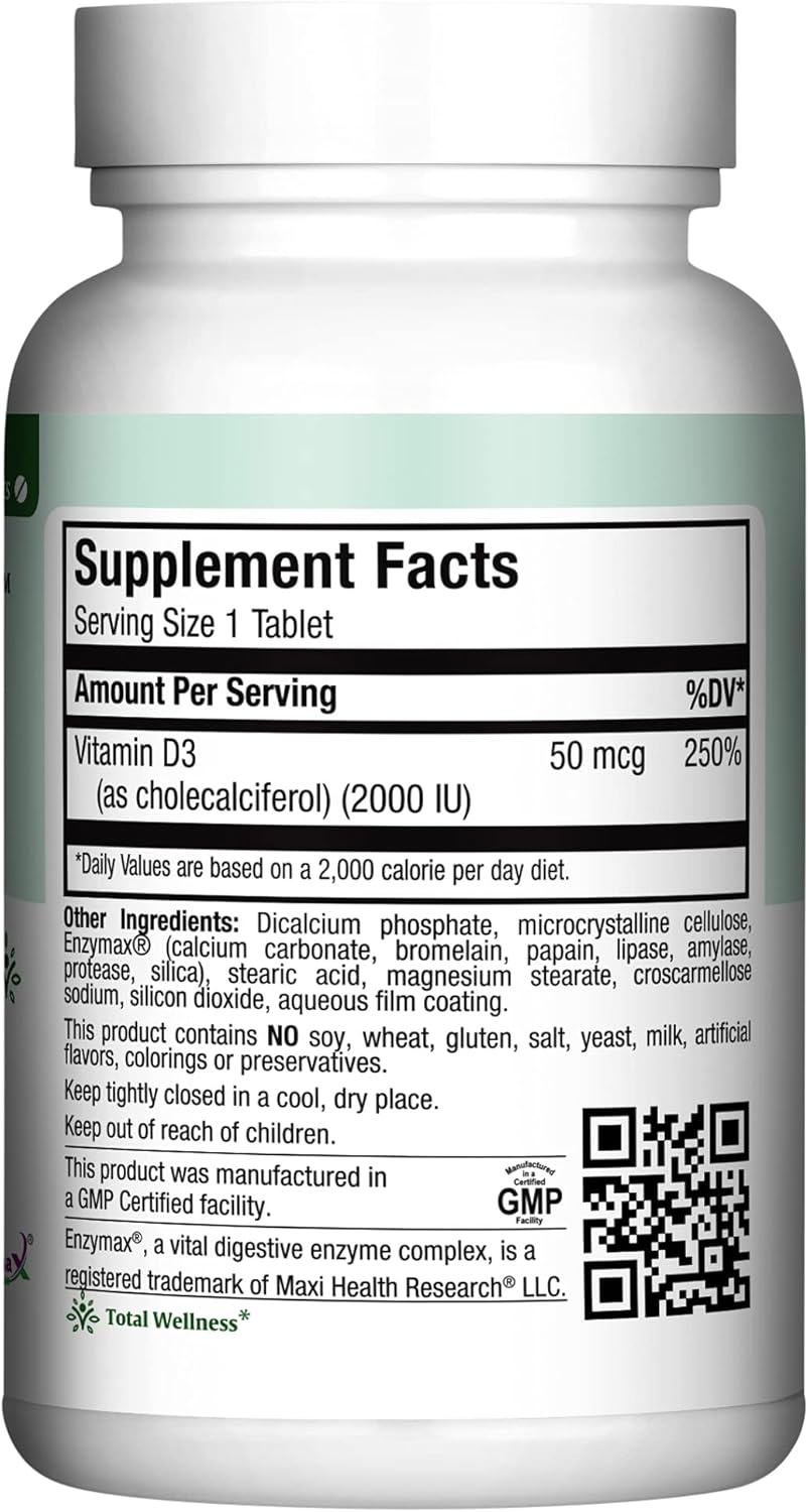 Maxi Health Kosher Vitamin D3 2000IU for Strong Immune System, Strong Teeth & Bones - 90 Tablets