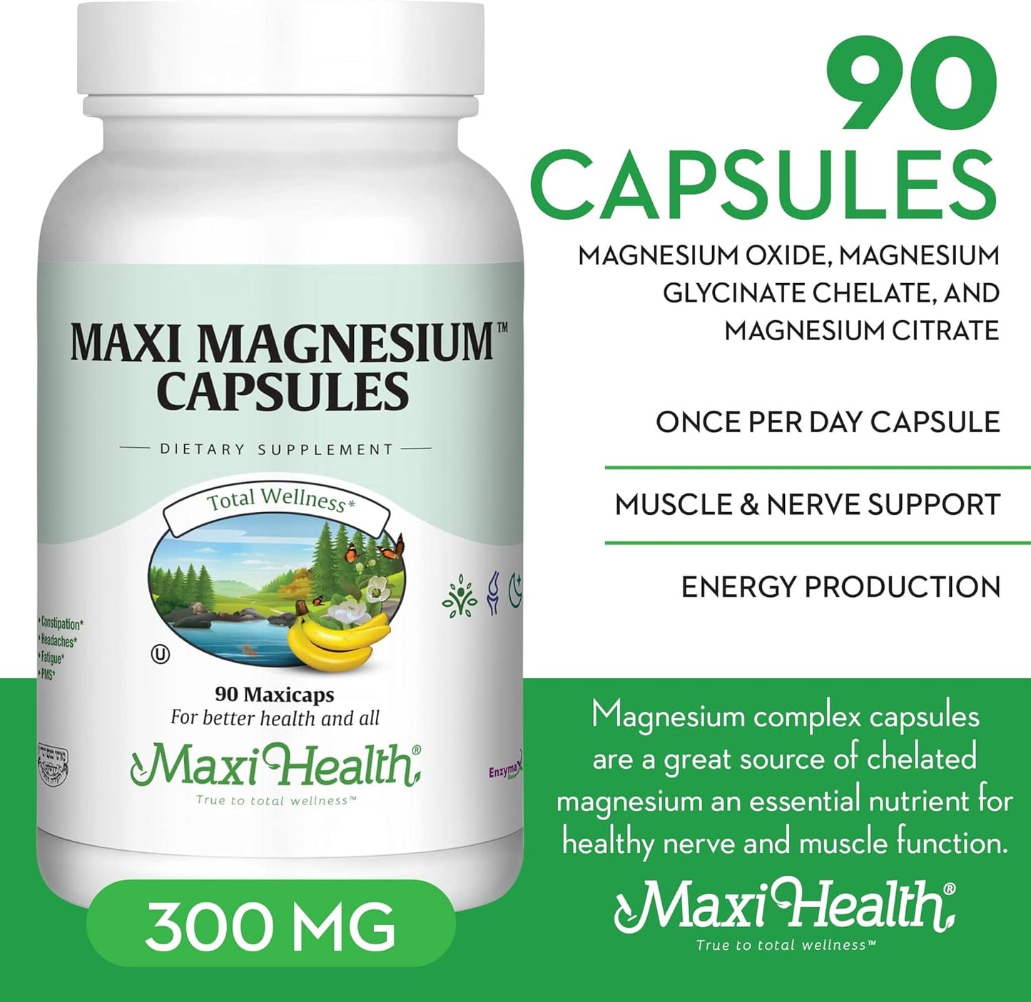 Maxi Health Maxi Kosher Magnesium Capsules for Energy Production and Bone & Nerve Support, 90 Count
