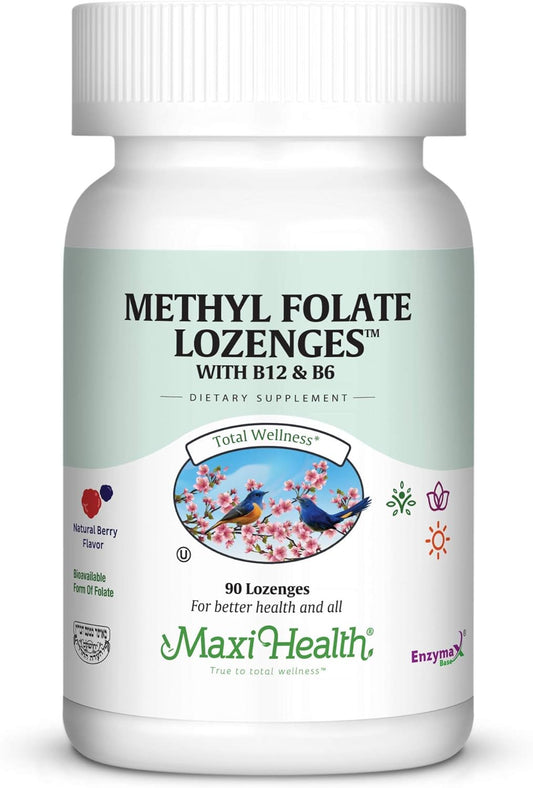 Maxi Health Methyl Folate Lozenges: B12 & B6 for Memory, Cardiovascular Health, Hormone & Immune Support - Gluten Free, Kosher Berry Flavor - 90 Count