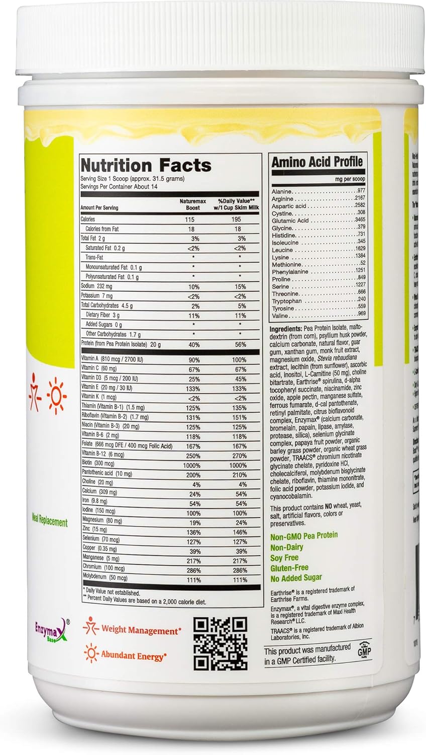 Maxi Health NatureMax BoostTM Pea Protein Powder - Natural Vanilla Flavor - 20g Protein Per Serving - Kosher Vitamin - 1lb