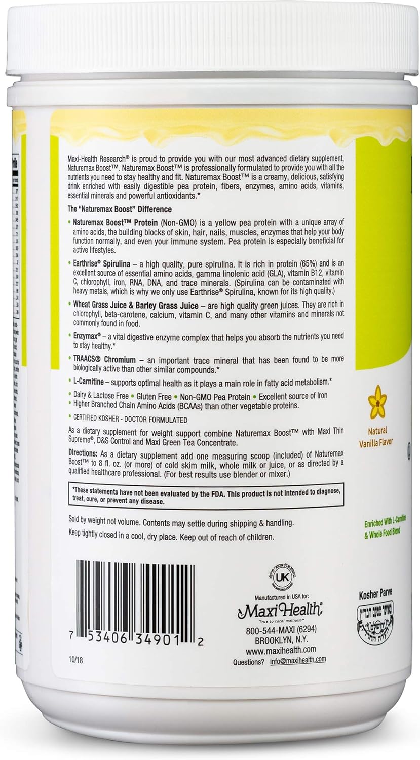 Maxi Health NatureMax BoostTM Pea Protein Powder - Natural Vanilla Flavor - 20g Protein Per Serving - Kosher Vitamin - 1lb