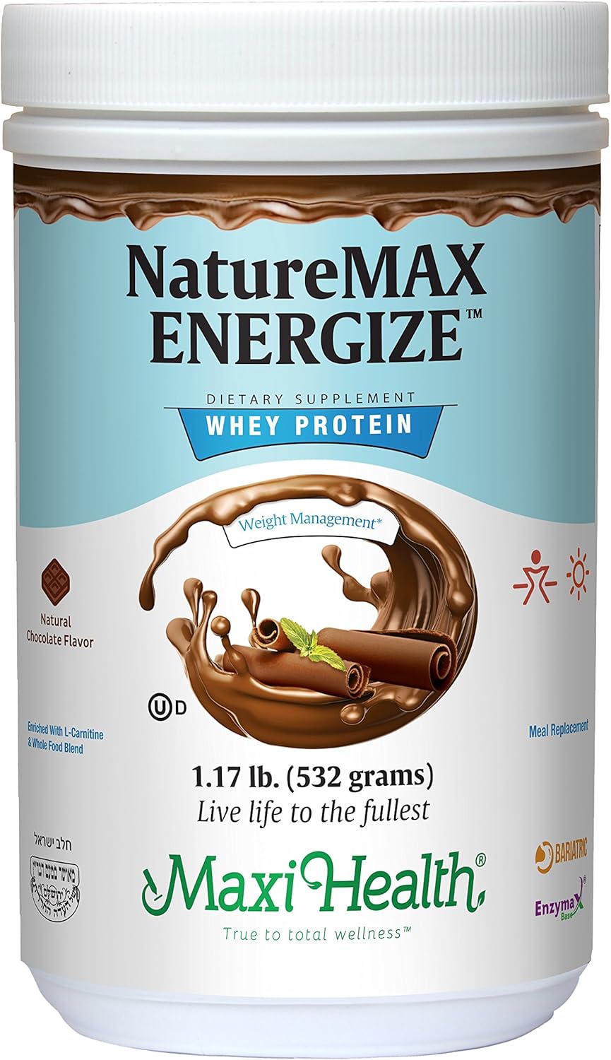 Maxi Health NatureMax EnergizeTM Whey Protein Powder - Natural Chocolate Flavor - 20g Protein - Kosher Dairy Vitamin - Energy Support Meal Replacement