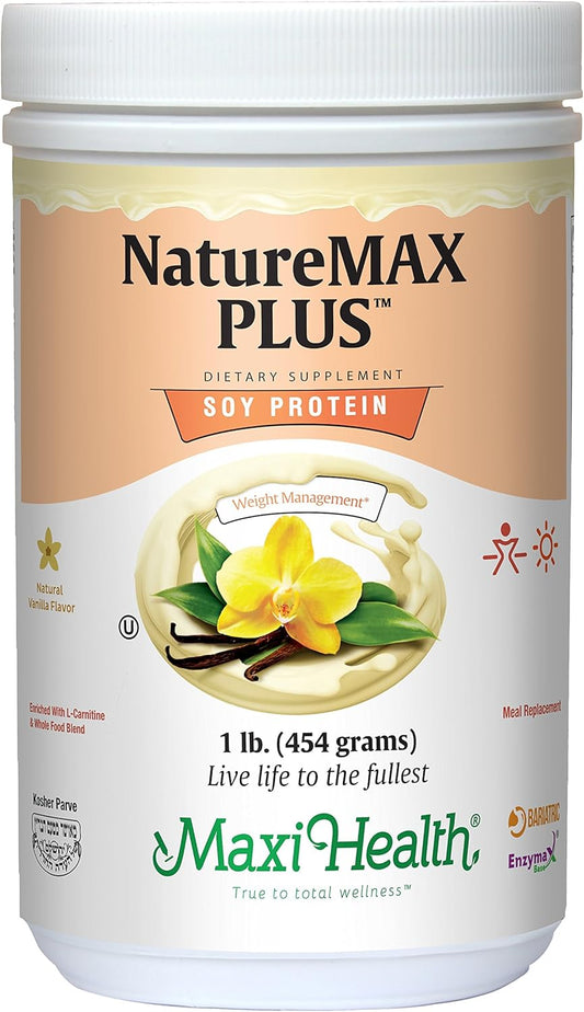 Maxi-Health NatureMAX PlusTM Soy Protein Powder with Energy Support - Sugar Free Meal Replacement Drink for a Kosher Vitamin Boost - 1 Lb Natural Vanilla Flavor