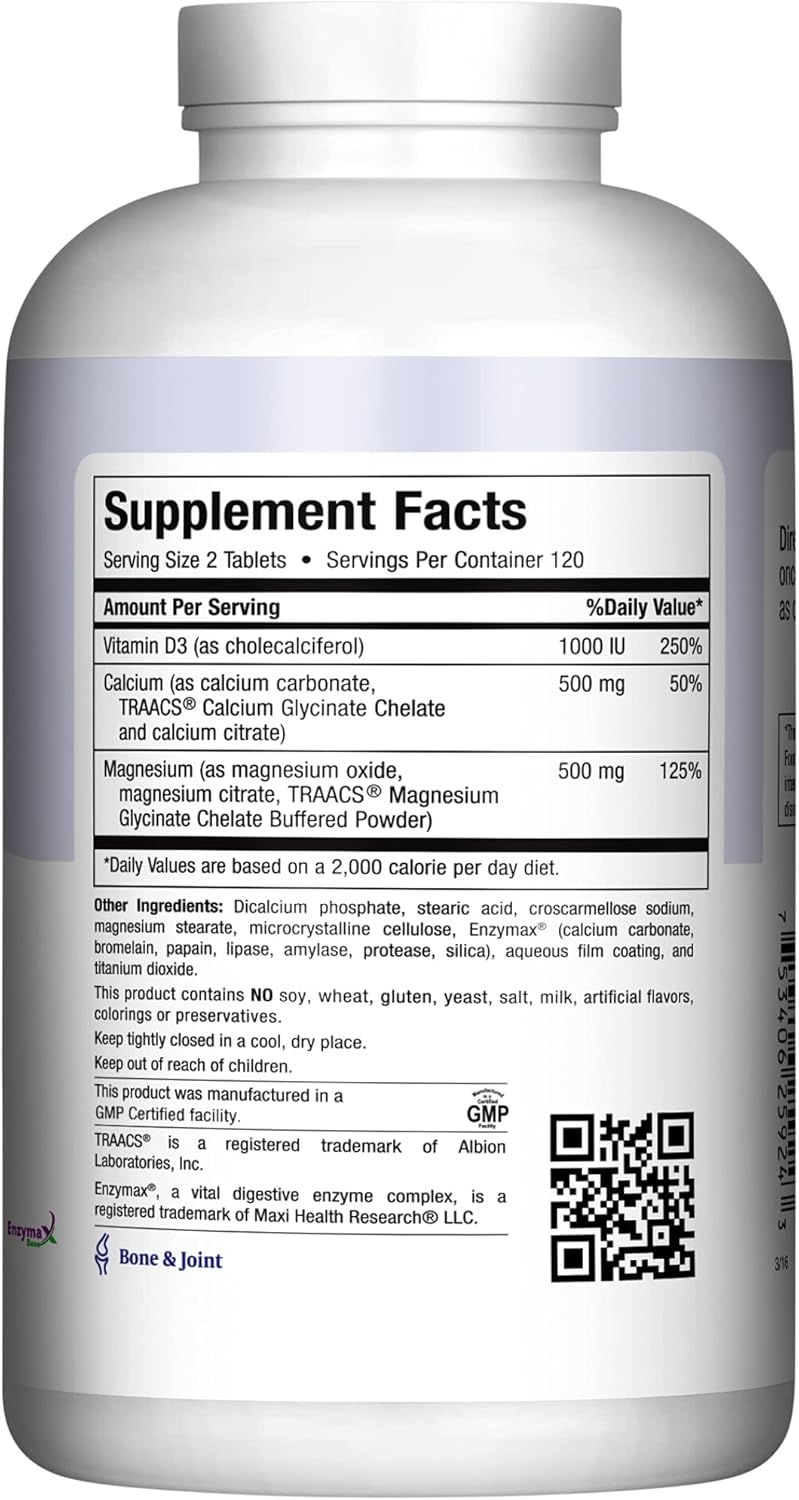 Maxi Health One to One Cal-Max: 500 mg Calcium, 1000 IU Vitamin D3, 500 mg Magnesium Tablets for Bone, Teeth, and Joint Support - 240 Count