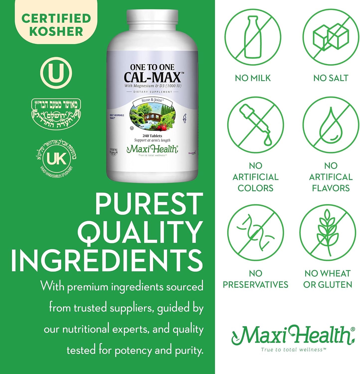 Maxi Health One to One Cal-Max: 500 mg Calcium, 1000 IU Vitamin D3, 500 mg Magnesium Tablets for Bone, Teeth, and Joint Support - 240 Count
