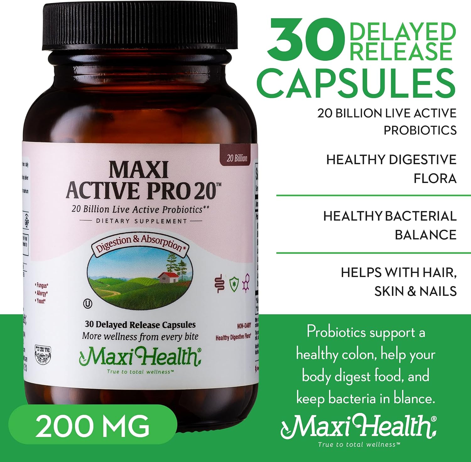 Maxi Health Probiotics: 15 Strains, 20 Billion CFU for Digestive Health - Daily Support for Men and Women - Lactobacillus Rhamnosus - 30 Capsules