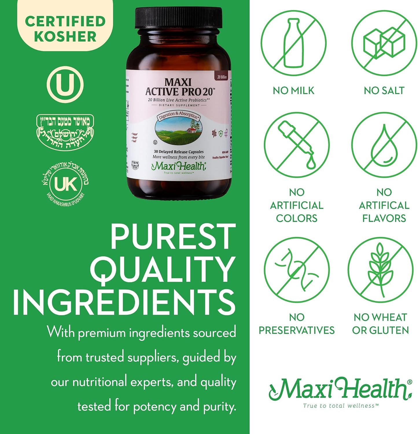 Maxi Health Probiotics: 15 Strains, 20 Billion CFU for Digestive Health - Daily Support for Men and Women - Lactobacillus Rhamnosus - 30 Capsules