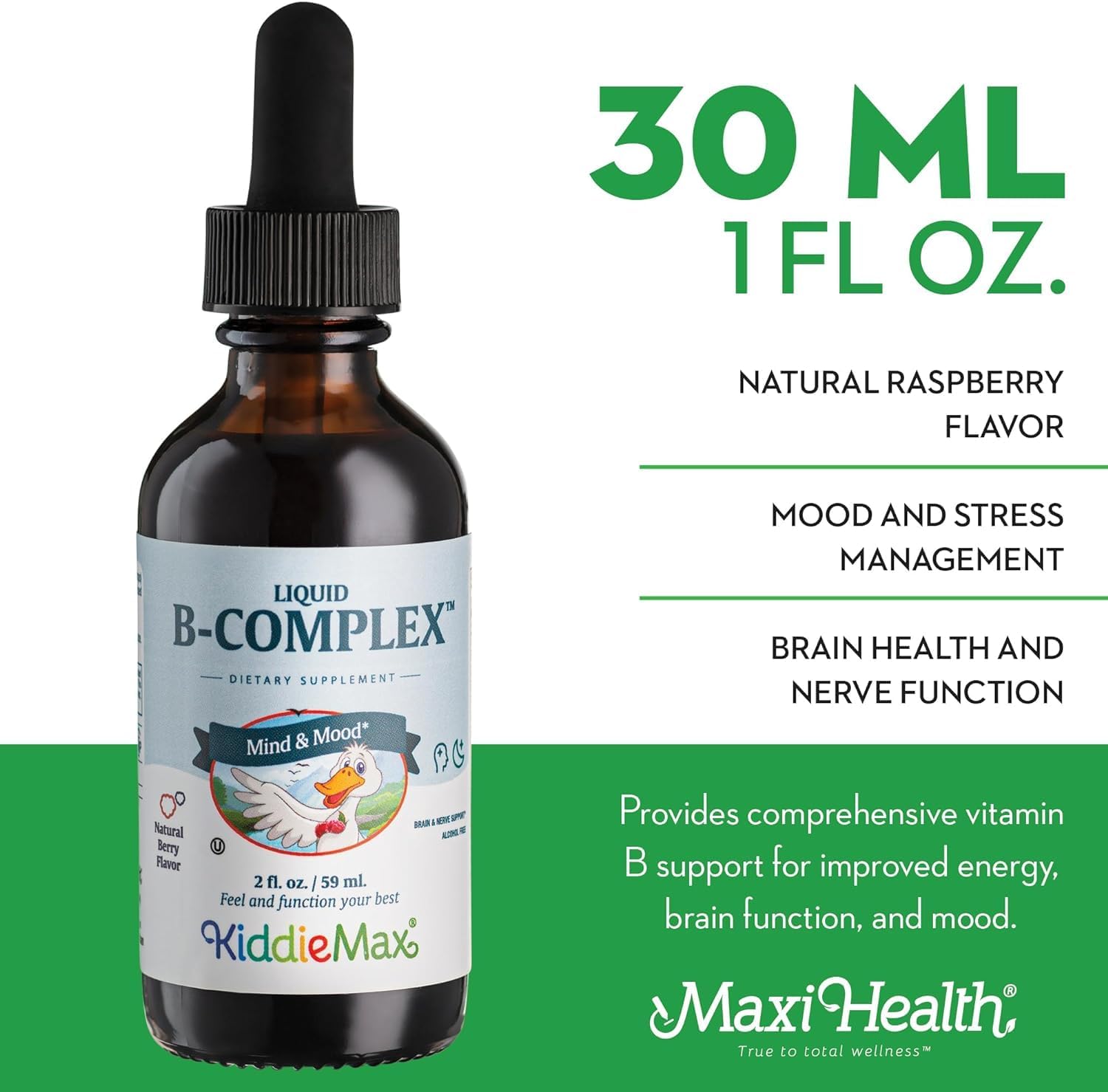 Maxi Health Raspberry Liquid Vitamin B Complex for Kids - Sublingual B12 Drops for Energy & Brain Function - 2 fl. Oz