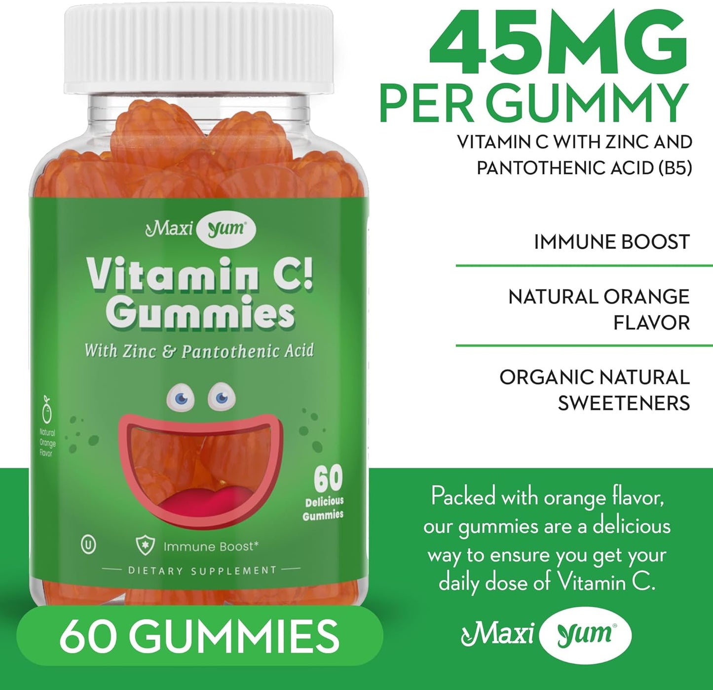 Maxi-Health Vitamin C Gummies with Zinc - Immune Support for Kids and Adults - Natural Fruit Flavored Gummies - 60 Count