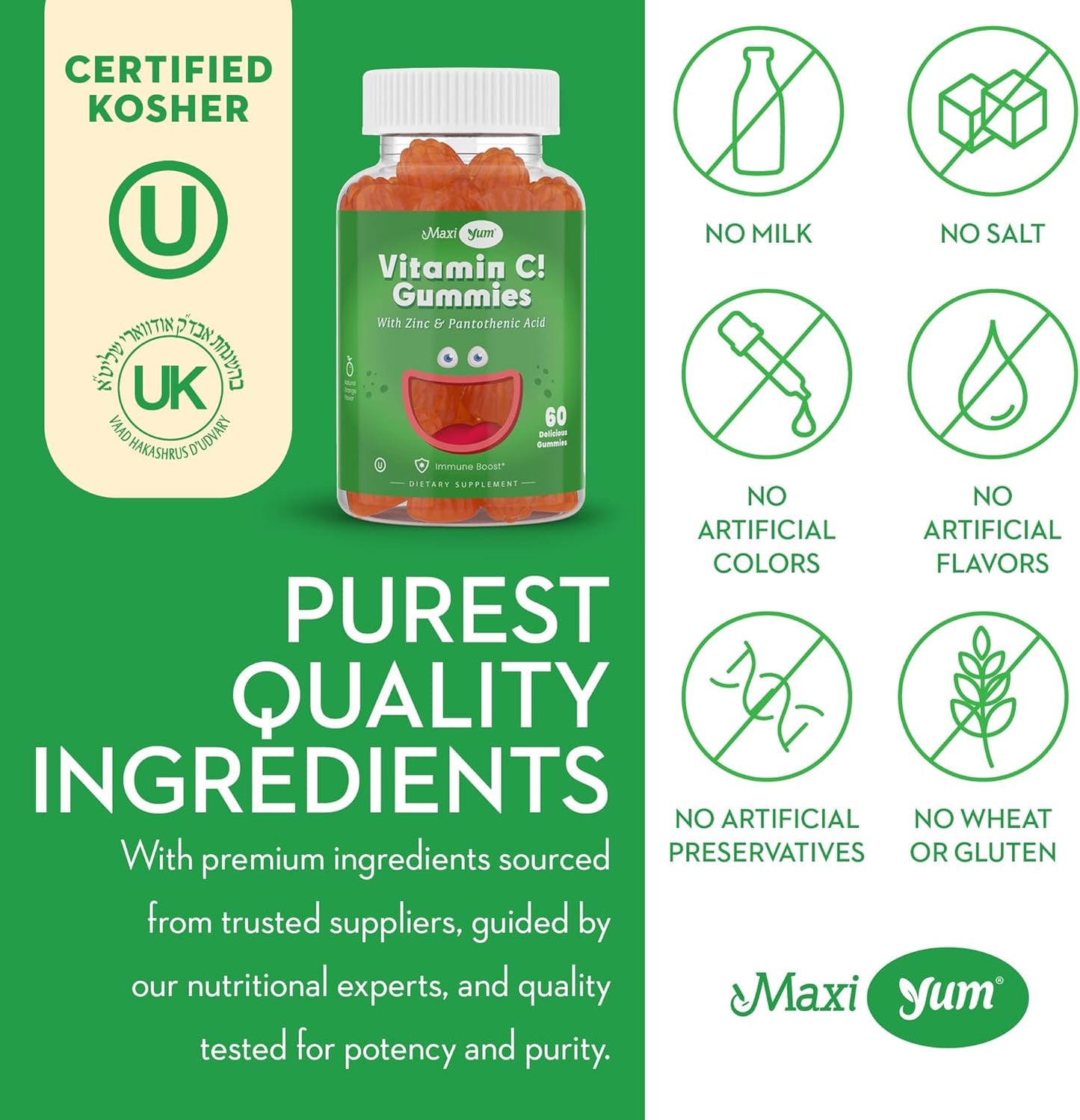 Maxi-Health Vitamin C Gummies with Zinc - Immune Support for Kids and Adults - Natural Fruit Flavored Gummies - 60 Count