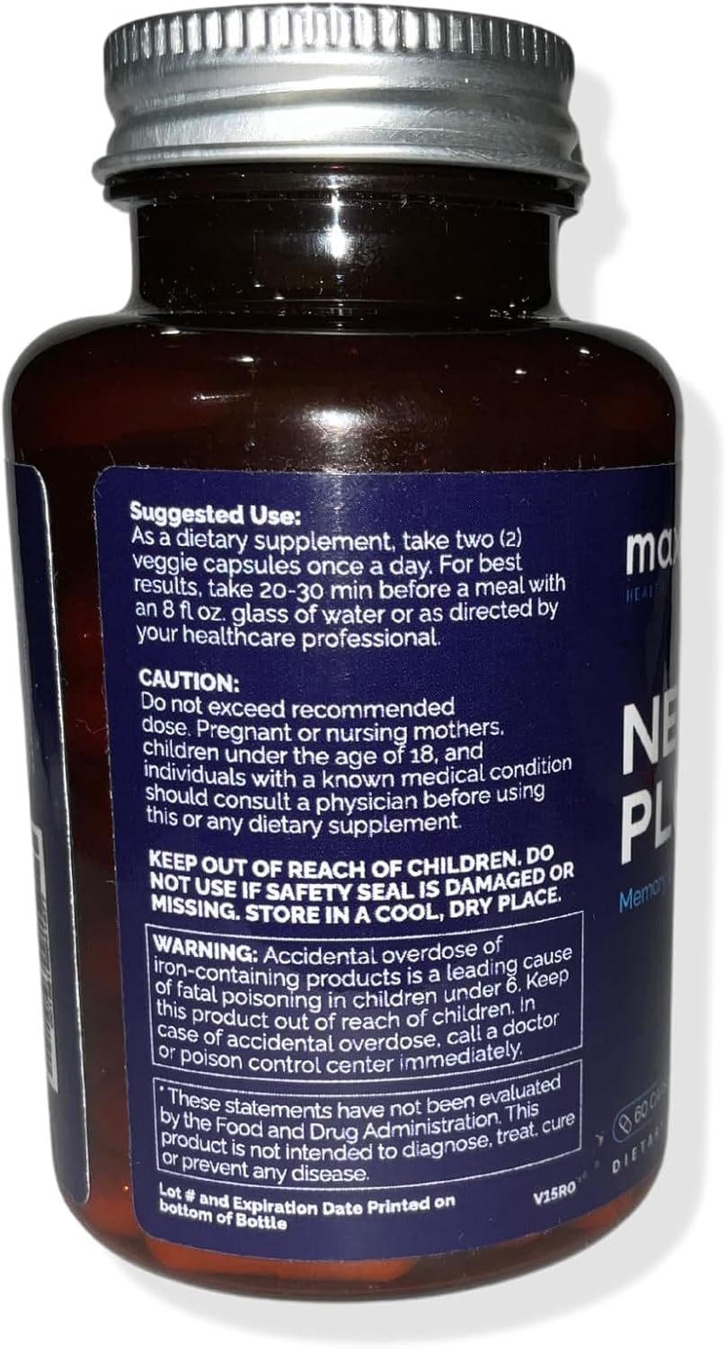 MAXIMON HEALTH SUPPLEMENTS Neuro Plus Nootropics for Cognitive Enhancement and Focus with Bacopa Extract, GABA, Huperzine A, DHA - 60 Capsules
