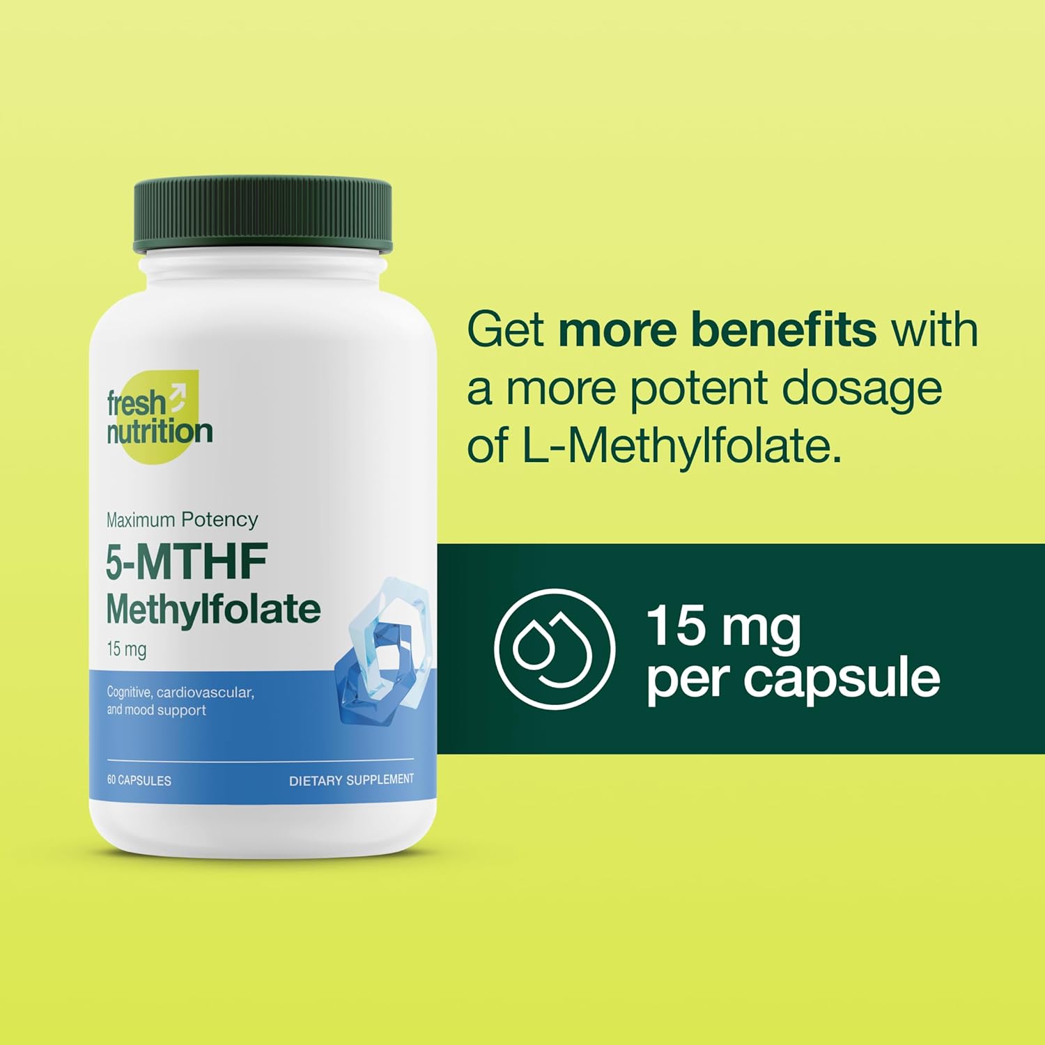 Maximum Potency L Methylfolate 15mg Capsules - Active Vitamin B9 for Mood, Cognition, Immunity - 5-MTHF Methyl Folate for Cardiovascular and Neurological Health - 60 Caps