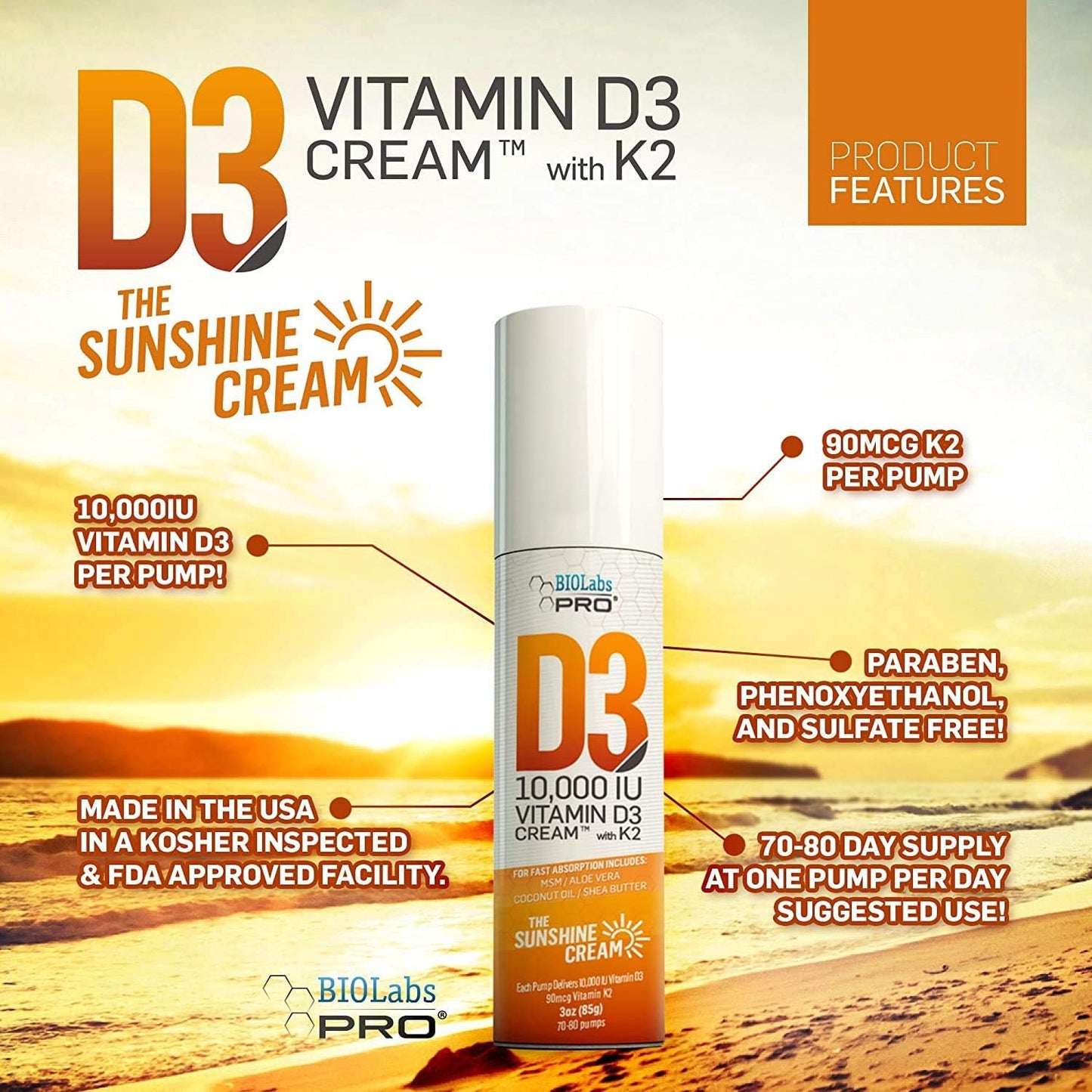 Maximum Strength All Natural Vitamin D3 Cream - 10000IU - Combat Deficiency with Vitamin K2 & Olive Leaf Extract - Safe & Effective - 3.0oz