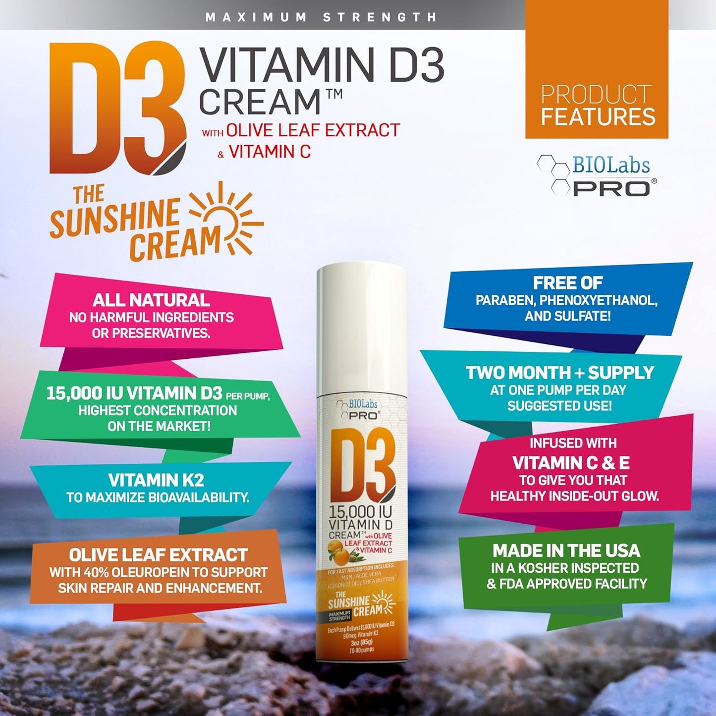 Maximum Strength All Natural Vitamin D3 Cream - 15000IU - Fight Deficiency with Vitamin K2 & Olive Leaf Extract - Safe & Effective - 3.0oz